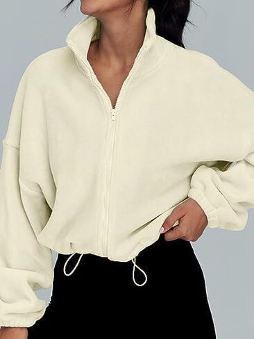 Women’s Cropped Fleece Zip-Up Jacket with High Collar & Drawstring Waist - Casual Loose Fit Short Coat in Saudi Arabia