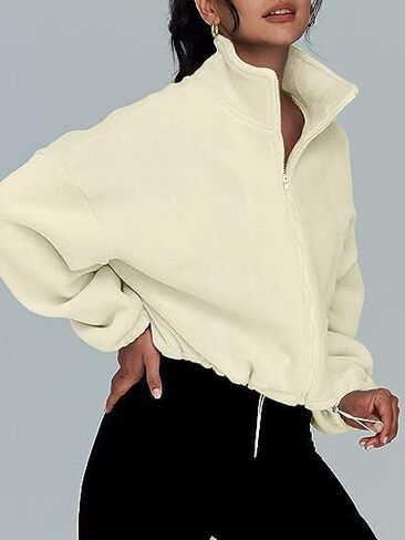 Women’s Cropped Fleece Zip-Up Jacket with High Collar & Drawstring Waist - Casual Loose Fit Short Coat in Saudi Arabia