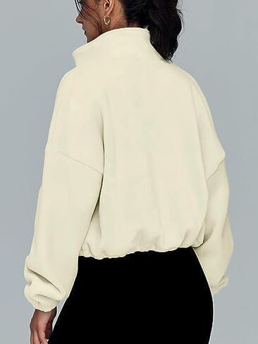 Women’s Cropped Fleece Zip-Up Jacket with High Collar & Drawstring Waist - Casual Loose Fit Short Coat in Saudi Arabia