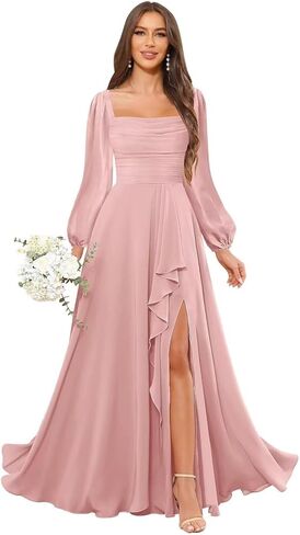 Chiffon Bridesmaid Dresses for Women Long Sleeves Square Neck Ruffle Maxi Formal Evening Gown with Slit in Kuwait