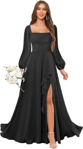 Chiffon Bridesmaid Dresses for Women Long Sleeves Square Neck Ruffle Maxi Formal Evening Gown with Slit in Saudi Arabia