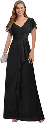 Women's Chiffon Ruffles Mother of The Bride Dresses for Wedding V Neck Lace Appliques Formal Dress in Saudi Arabia