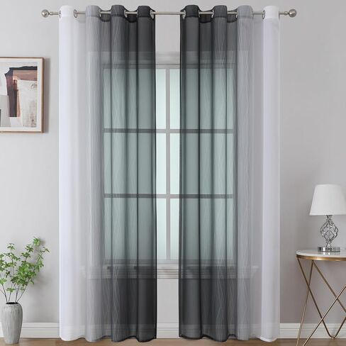 Estelar Textiler ستائر شبه شفافة باللونين الأبيض والأسود بطول 84 بوصة لغرفة المعيشة، خفيفة الوزن لمعالجة النوافذ وتصفية الضوء بحلقة معدنية متدرجة لغرفة النوم، 52 عرضًا × 84 طولًا، لوحتان in Kuwait