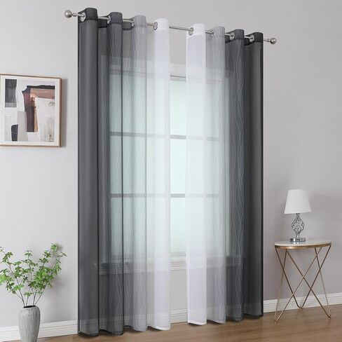 Estelar Textiler ستائر شبه شفافة باللونين الأبيض والأسود بطول 84 بوصة لغرفة المعيشة، خفيفة الوزن لمعالجة النوافذ وتصفية الضوء بحلقة معدنية متدرجة لغرفة النوم، 52 عرضًا × 84 طولًا، لوحتان in Kuwait