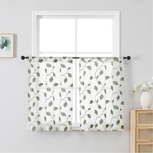 OVZME Sage Green Sheer Curtains 36 Inch Length 2 Panels, Embroidered Leaf Patterned Semi Sheer Linen Short Kitchen Curtains for Half Window, Rod Pocket Window Drapes for Bathroom, 2x30Wx36L Inches in Kuwait