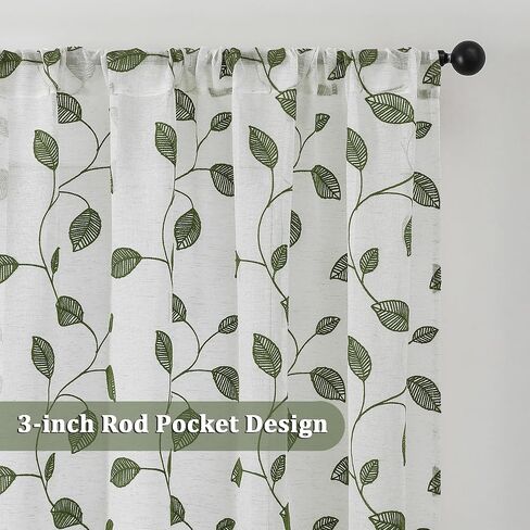OVZME Sage Green Sheer Curtains 36 Inch Length 2 Panels, Embroidered Leaf Patterned Semi Sheer Linen Short Kitchen Curtains for Half Window, Rod Pocket Window Drapes for Bathroom, 2x30Wx36L Inches in Kuwait