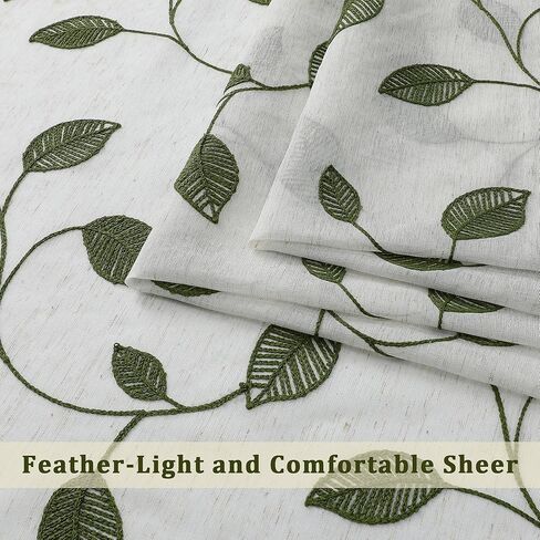 OVZME Sage Green Sheer Curtains 36 Inch Length 2 Panels, Embroidered Leaf Patterned Semi Sheer Linen Short Kitchen Curtains for Half Window, Rod Pocket Window Drapes for Bathroom, 2x30Wx36L Inches in Kuwait