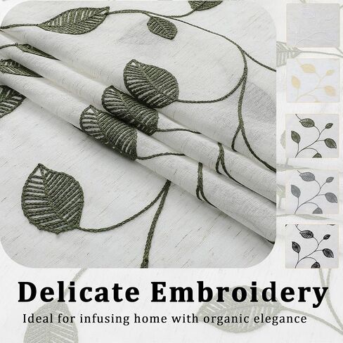 OVZME Sage Green Sheer Curtains 36 Inch Length 2 Panels, Embroidered Leaf Patterned Semi Sheer Linen Short Kitchen Curtains for Half Window, Rod Pocket Window Drapes for Bathroom, 2x30Wx36L Inches in Kuwait