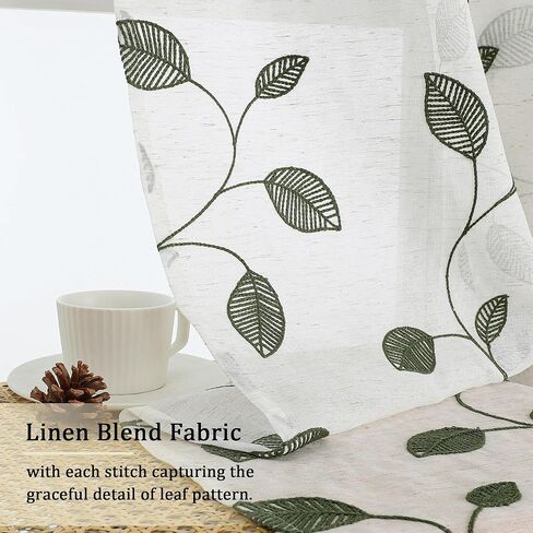 OVZME Sage Green Sheer Curtains 36 Inch Length 2 Panels, Embroidered Leaf Patterned Semi Sheer Linen Short Kitchen Curtains for Half Window, Rod Pocket Window Drapes for Bathroom, 2x30Wx36L Inches in Kuwait