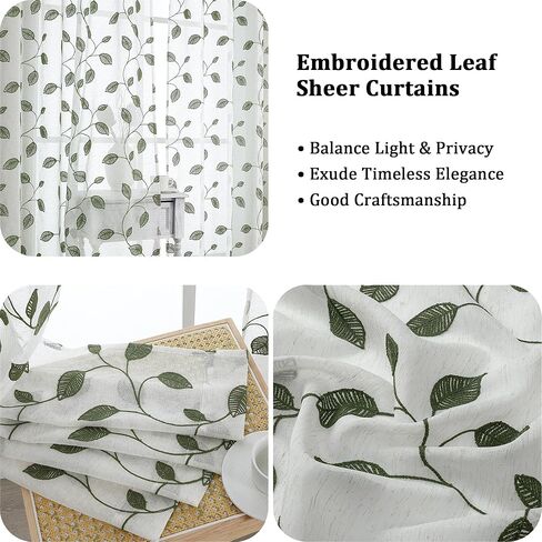 OVZME Sage Green Sheer Curtains 36 Inch Length 2 Panels, Embroidered Leaf Patterned Semi Sheer Linen Short Kitchen Curtains for Half Window, Rod Pocket Window Drapes for Bathroom, 2x30Wx36L Inches in Kuwait