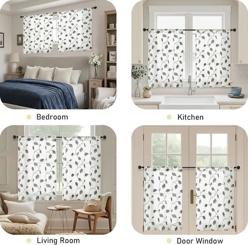 OVZME Sage Green Sheer Curtains 36 Inch Length 2 Panels, Embroidered Leaf Patterned Semi Sheer Linen Short Kitchen Curtains for Half Window, Rod Pocket Window Drapes for Bathroom, 2x30Wx36L Inches in Kuwait