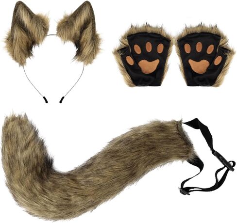 4 Pcs Faux Fur Cat Fox Wolf Ear and Tail Paw Gloves Set Furry Costume Funny Gifts Halloween Christmas for Adult,Men and Women Costume Accessories,Grass Yellow in Saudi Arabia