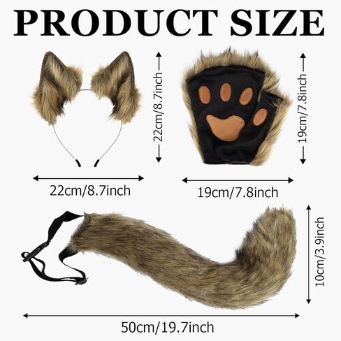 4 Pcs Faux Fur Cat Fox Wolf Ear and Tail Paw Gloves Set Furry Costume Funny Gifts Halloween Christmas for Adult,Men and Women Costume Accessories,Grass Yellow in Saudi Arabia