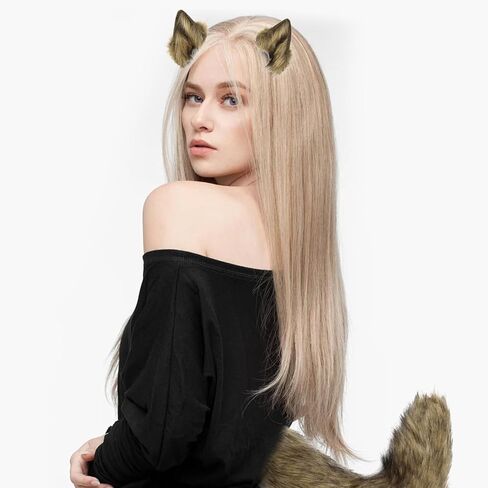 4 Pcs Faux Fur Cat Fox Wolf Ear and Tail Paw Gloves Set Furry Costume Funny Gifts Halloween Christmas for Adult,Men and Women Costume Accessories,Grass Yellow in Saudi Arabia