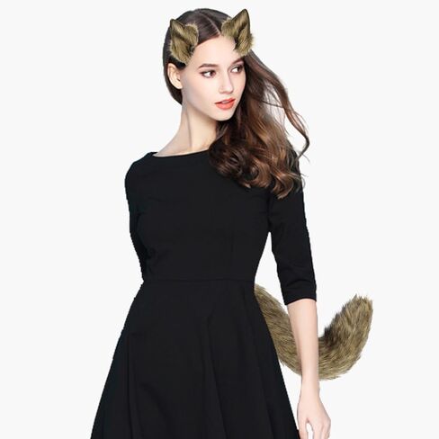 4 Pcs Faux Fur Cat Fox Wolf Ear and Tail Paw Gloves Set Furry Costume Funny Gifts Halloween Christmas for Adult,Men and Women Costume Accessories,Grass Yellow in Saudi Arabia