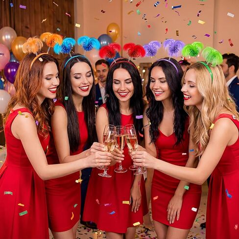 6 Pcs Multicolor Pom Pom Headband Tinsel Ponytail Headband Fun Feather Head Bopper for Carnival Easter Party in Kuwait