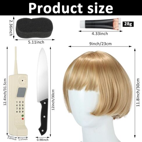 6 قطع من إكسسوارات أزياء الهالوين كيسي سكريم للنساء تتضمن شعر مستعار أشقر فاتح، شبكة شعر، نموذج هاتف من الطوب القديم، دم مزيف، سكين بلاستيكي، إسفنجة، لحفلات الهالوين التنكرية باللون الأبيض in Kuwait