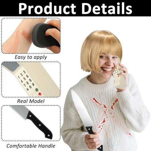 6 قطع من إكسسوارات أزياء الهالوين كيسي سكريم للنساء تتضمن شعر مستعار أشقر فاتح، شبكة شعر، نموذج هاتف من الطوب القديم، دم مزيف، سكين بلاستيكي، إسفنجة، لحفلات الهالوين التنكرية باللون الأبيض in Kuwait