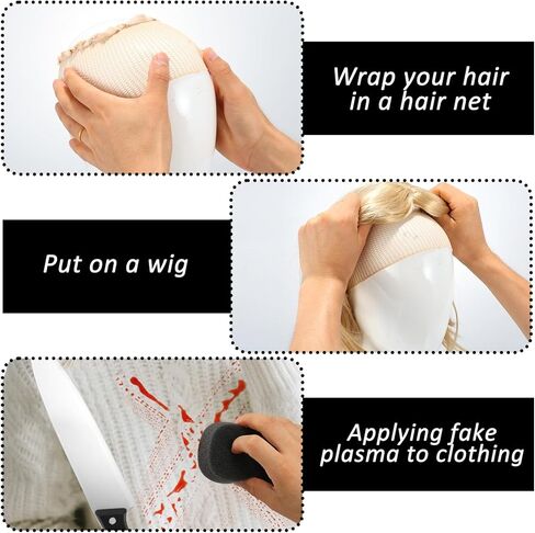 6 قطع من إكسسوارات أزياء الهالوين كيسي سكريم للنساء تتضمن شعر مستعار أشقر فاتح، شبكة شعر، نموذج هاتف من الطوب القديم، دم مزيف، سكين بلاستيكي، إسفنجة، لحفلات الهالوين التنكرية باللون الأبيض in Kuwait
