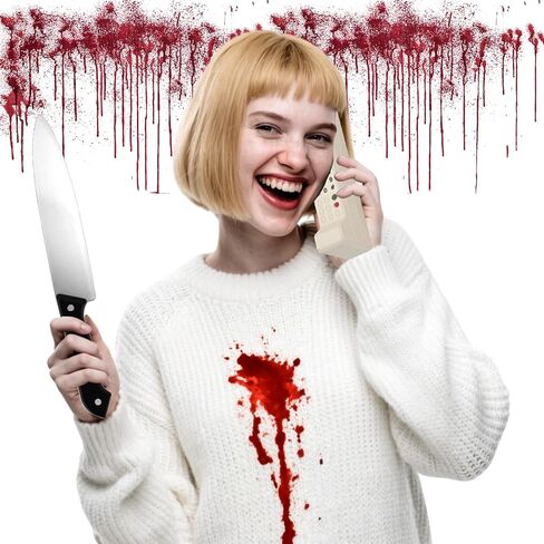 6 قطع من إكسسوارات أزياء الهالوين كيسي سكريم للنساء تتضمن شعر مستعار أشقر فاتح، شبكة شعر، نموذج هاتف من الطوب القديم، دم مزيف، سكين بلاستيكي، إسفنجة، لحفلات الهالوين التنكرية باللون الأبيض in Kuwait