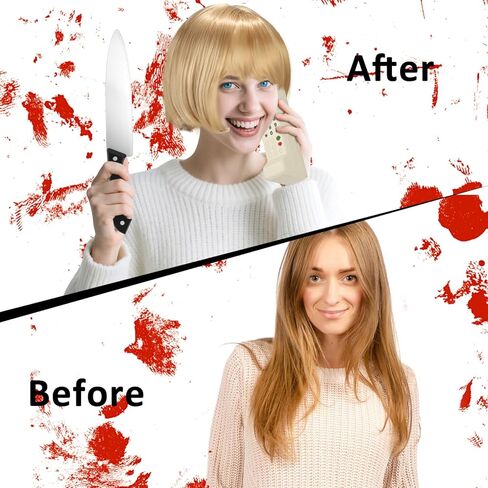 6 قطع من إكسسوارات أزياء الهالوين كيسي سكريم للنساء تتضمن شعر مستعار أشقر فاتح، شبكة شعر، نموذج هاتف من الطوب القديم، دم مزيف، سكين بلاستيكي، إسفنجة، لحفلات الهالوين التنكرية باللون الأبيض in Kuwait