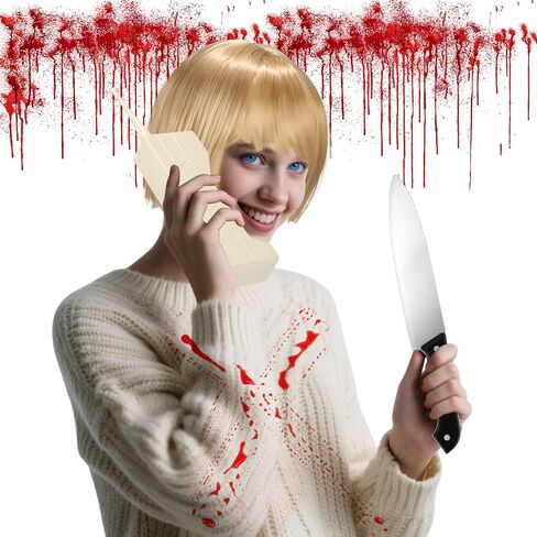 6 قطع من إكسسوارات أزياء الهالوين كيسي سكريم للنساء تتضمن شعر مستعار أشقر فاتح، شبكة شعر، نموذج هاتف من الطوب القديم، دم مزيف، سكين بلاستيكي، إسفنجة، لحفلات الهالوين التنكرية باللون الأبيض in Kuwait