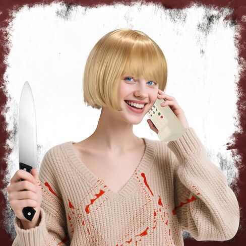 6 قطع من إكسسوارات أزياء الهالوين كيسي سكريم للنساء تتضمن شعر مستعار أشقر فاتح، شبكة شعر، نموذج هاتف من الطوب القديم، دم مزيف، سكين بلاستيكي، إسفنجة، لحفلات الهالوين التنكرية باللون الأبيض in Kuwait