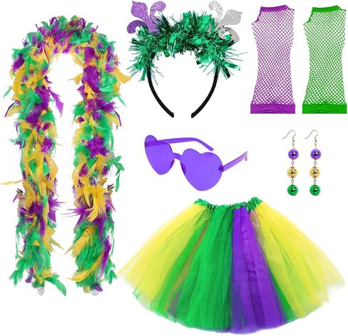 6 Pcs Mardi Gras Costume Accessory Set Tutu Skirt Feather Boa Headband Gloves Sunglasses Earrings for Women Carnival Party in Kuwait