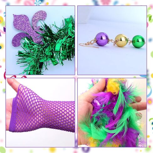 6 Pcs Mardi Gras Costume Accessory Set Tutu Skirt Feather Boa Headband Gloves Sunglasses Earrings for Women Carnival Party in Kuwait