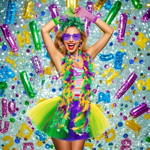 6 Pcs Mardi Gras Costume Accessory Set Tutu Skirt Feather Boa Headband Gloves Sunglasses Earrings for Women Carnival Party in Kuwait