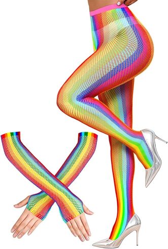 BOARDFEB2 Pieces Rainbow Outfits, Striped Fishnet Tights and Gloves Costume Accessories Set Rainbow Leggings for Carnival Wedding Pride Day Halloweeen in Saudi Arabia