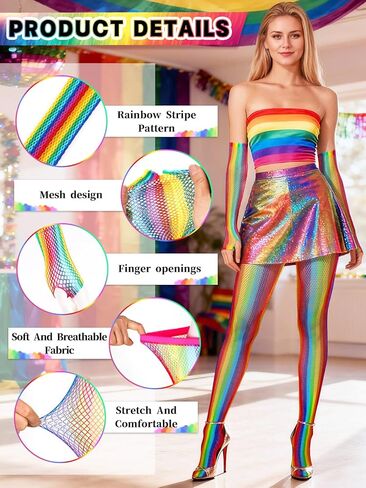 BOARDFEB2 Pieces Rainbow Outfits, Striped Fishnet Tights and Gloves Costume Accessories Set Rainbow Leggings for Carnival Wedding Pride Day Halloweeen in Saudi Arabia