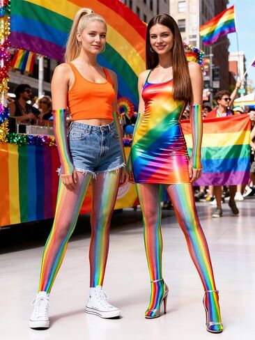 BOARDFEB2 Pieces Rainbow Outfits, Striped Fishnet Tights and Gloves Costume Accessories Set Rainbow Leggings for Carnival Wedding Pride Day Halloweeen in Saudi Arabia