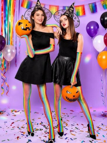 BOARDFEB2 Pieces Rainbow Outfits, Striped Fishnet Tights and Gloves Costume Accessories Set Rainbow Leggings for Carnival Wedding Pride Day Halloweeen in Saudi Arabia