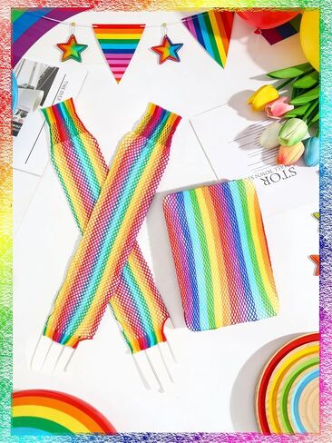 BOARDFEB2 Pieces Rainbow Outfits, Striped Fishnet Tights and Gloves Costume Accessories Set Rainbow Leggings for Carnival Wedding Pride Day Halloweeen in Saudi Arabia