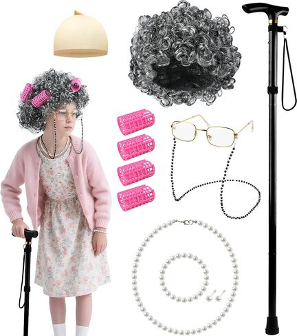 100 Days of School Old Lady Grandma Costume Accessories Set with Wig, Glasses, Cane & Faux Pearl Set in Saudi Arabia