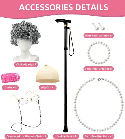100 Days of School Old Lady Grandma Costume Accessories Set with Wig, Glasses, Cane & Faux Pearl Set in Saudi Arabia