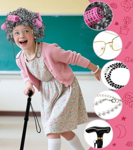 100 Days of School Old Lady Grandma Costume Accessories Set with Wig, Glasses, Cane & Faux Pearl Set in Saudi Arabia