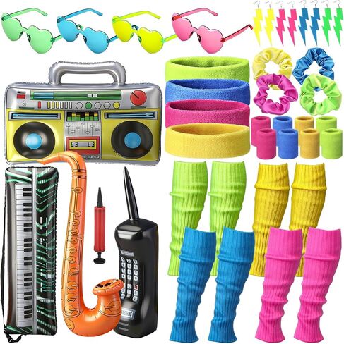 29 Pcs 80s 90s Neon Party Favors Accesorries Set Include Glasses Earrings Headband Wristbands Leg Warmers Hair Scrunchies Musical Inflatable Props for Women 80s 90s Party Decoration Supplies in Saudi Arabia