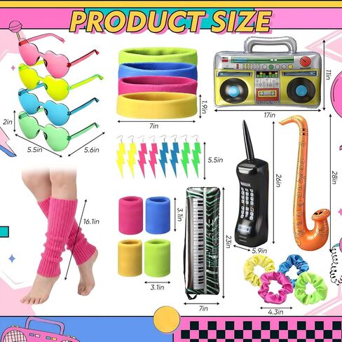 29 Pcs 80s 90s Neon Party Favors Accesorries Set Include Glasses Earrings Headband Wristbands Leg Warmers Hair Scrunchies Musical Inflatable Props for Women 80s 90s Party Decoration Supplies in Saudi Arabia
