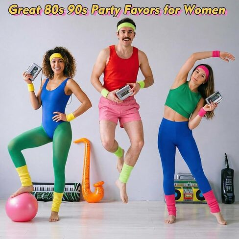 29 Pcs 80s 90s Neon Party Favors Accesorries Set Include Glasses Earrings Headband Wristbands Leg Warmers Hair Scrunchies Musical Inflatable Props for Women 80s 90s Party Decoration Supplies in Saudi Arabia
