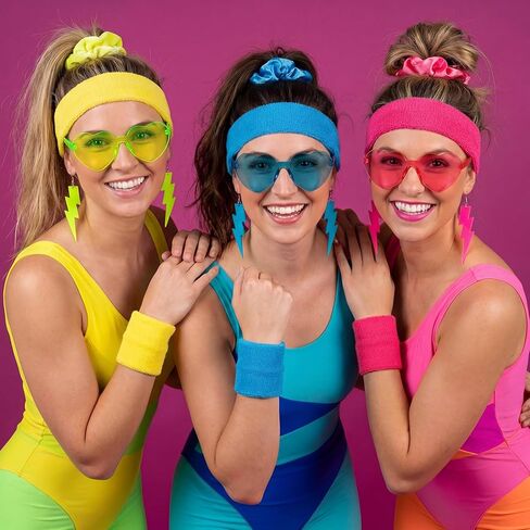 29 Pcs 80s 90s Neon Party Favors Accesorries Set Include Glasses Earrings Headband Wristbands Leg Warmers Hair Scrunchies Musical Inflatable Props for Women 80s 90s Party Decoration Supplies in Saudi Arabia