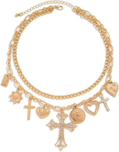 PLOUTOS Mixed Heart Cross Lock Coin Medallion Pave Crystal Layered Chunky Link Charm Choker Necklace For Women Statement Vintage Y2K Gold Color Adjustable in Kuwait