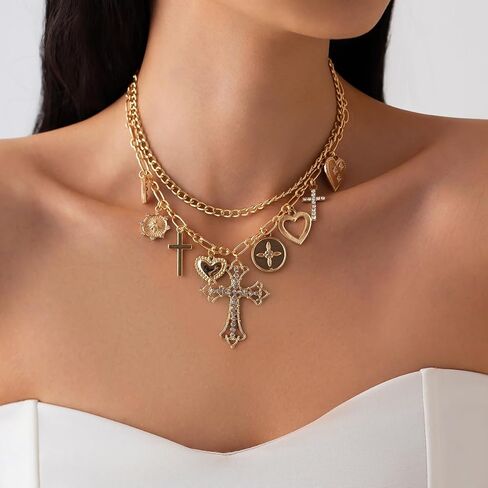 PLOUTOS Mixed Heart Cross Lock Coin Medallion Pave Crystal Layered Chunky Link Charm Choker Necklace For Women Statement Vintage Y2K Gold Color Adjustable in Kuwait