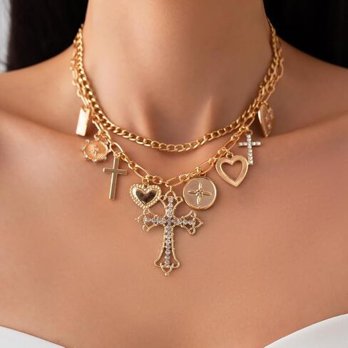 PLOUTOS Mixed Heart Cross Lock Coin Medallion Pave Crystal Layered Chunky Link Charm Choker Necklace For Women Statement Vintage Y2K Gold Color Adjustable in Kuwait