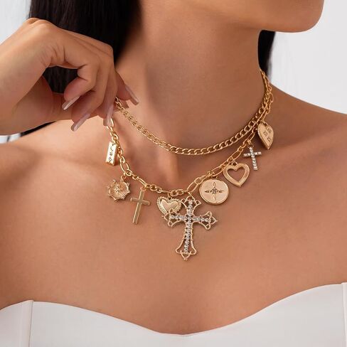PLOUTOS Mixed Heart Cross Lock Coin Medallion Pave Crystal Layered Chunky Link Charm Choker Necklace For Women Statement Vintage Y2K Gold Color Adjustable in Kuwait