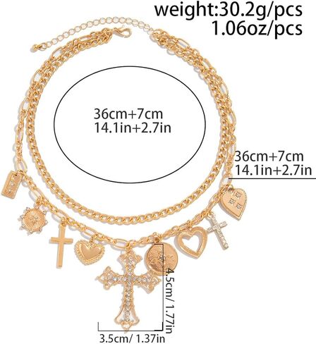 PLOUTOS Mixed Heart Cross Lock Coin Medallion Pave Crystal Layered Chunky Link Charm Choker Necklace For Women Statement Vintage Y2K Gold Color Adjustable in Kuwait