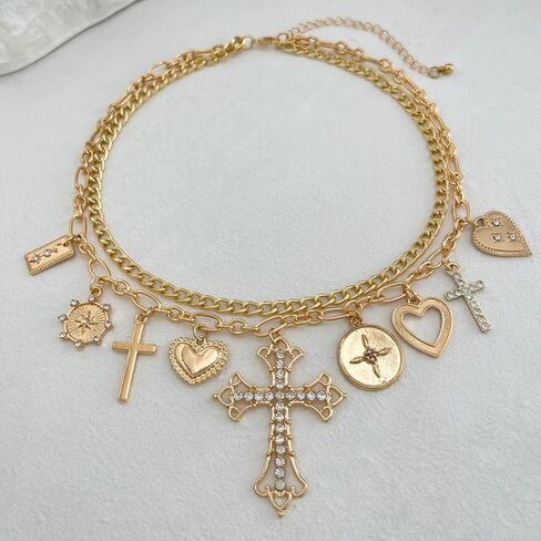 PLOUTOS Mixed Heart Cross Lock Coin Medallion Pave Crystal Layered Chunky Link Charm Choker Necklace For Women Statement Vintage Y2K Gold Color Adjustable in Kuwait