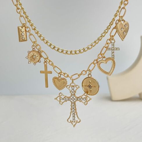 PLOUTOS Mixed Heart Cross Lock Coin Medallion Pave Crystal Layered Chunky Link Charm Choker Necklace For Women Statement Vintage Y2K Gold Color Adjustable in Kuwait