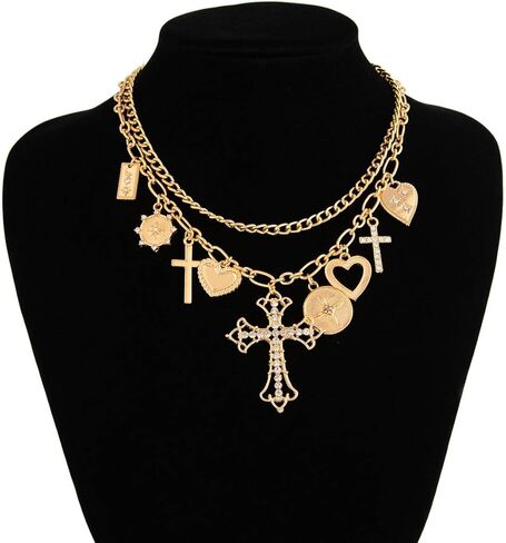 PLOUTOS Mixed Heart Cross Lock Coin Medallion Pave Crystal Layered Chunky Link Charm Choker Necklace For Women Statement Vintage Y2K Gold Color Adjustable in Kuwait